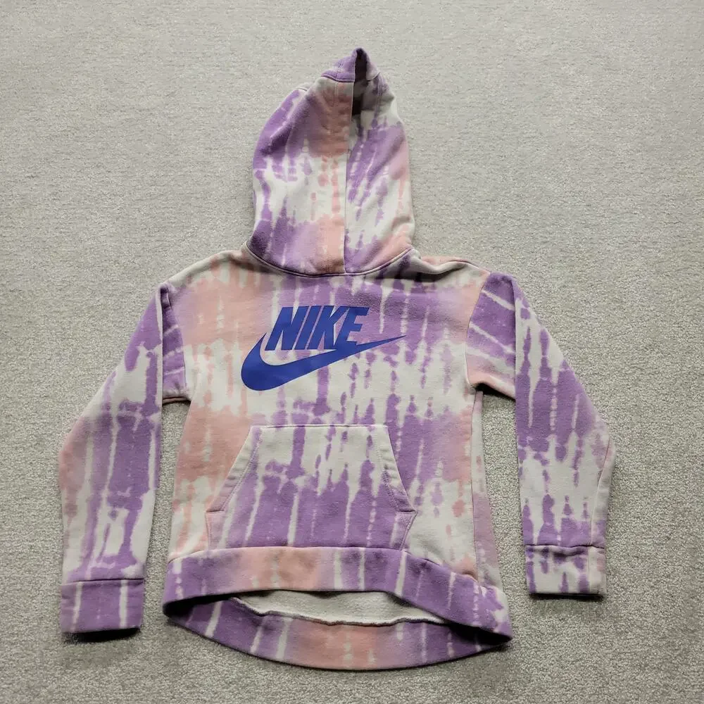 Nike Girls 6X Tie Dye Hoodie Purple Pink Pullover Swoosh Sweatshirt Kids